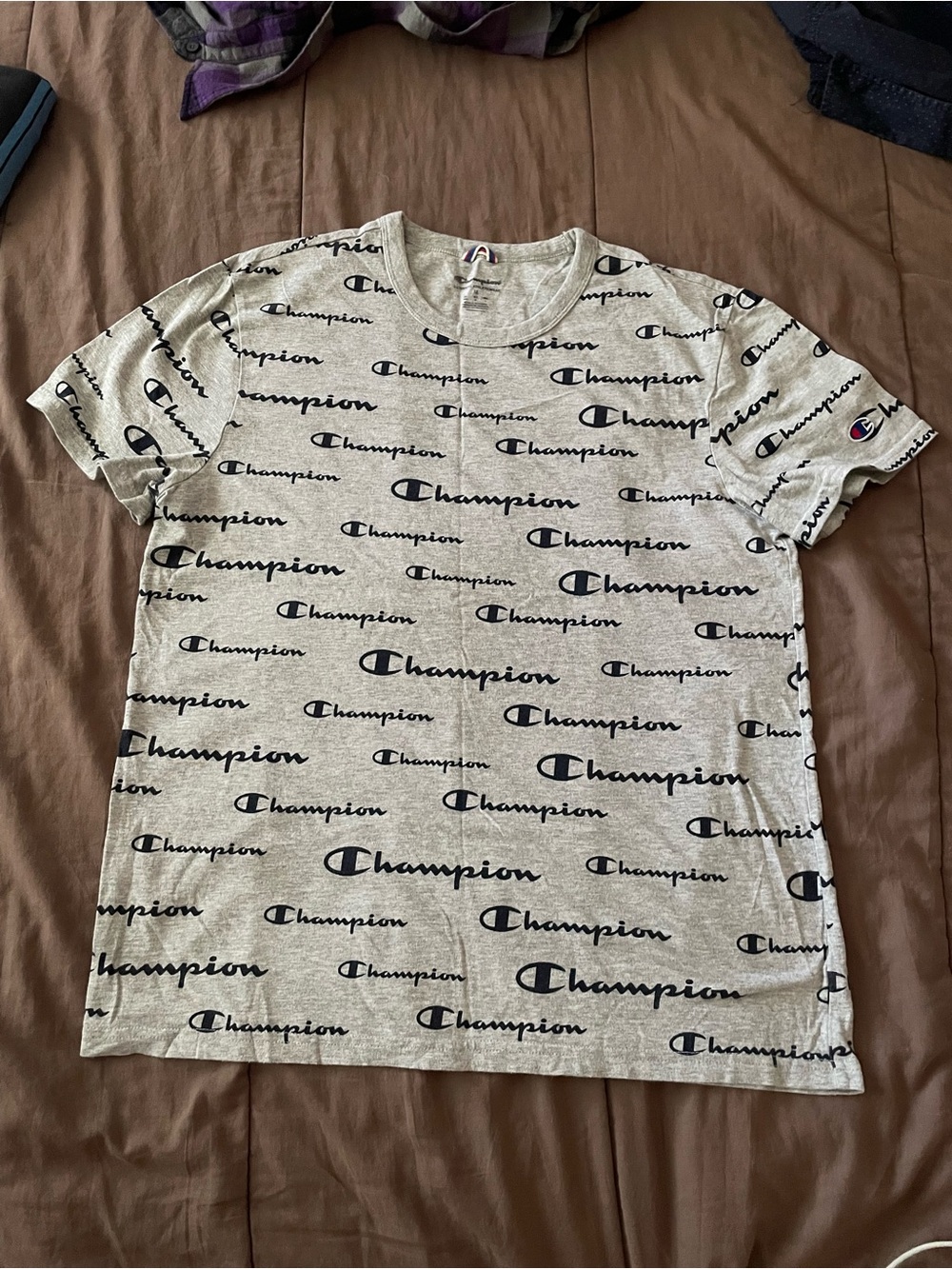 Champion All-Over Logo Short Sleeve Tee in Light Gray and Black